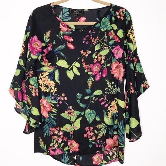 Status Floral Chiffon Blouse Black Multi Flowy Bell Sleeves Size Small - Picture 10 of 10
